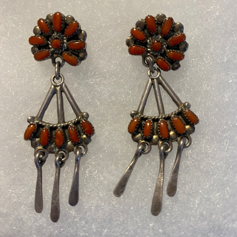 Vintage Zuni Red Coral Petit Point Post Chandelier Earrings Signed Bill & Lou